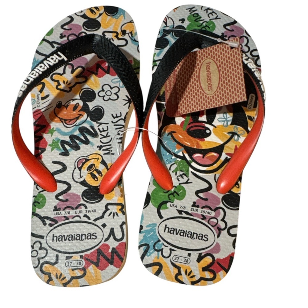 Havaianas Mickey Mouse Multicolor Flip Flops with Red Straps NWT sz 7/8